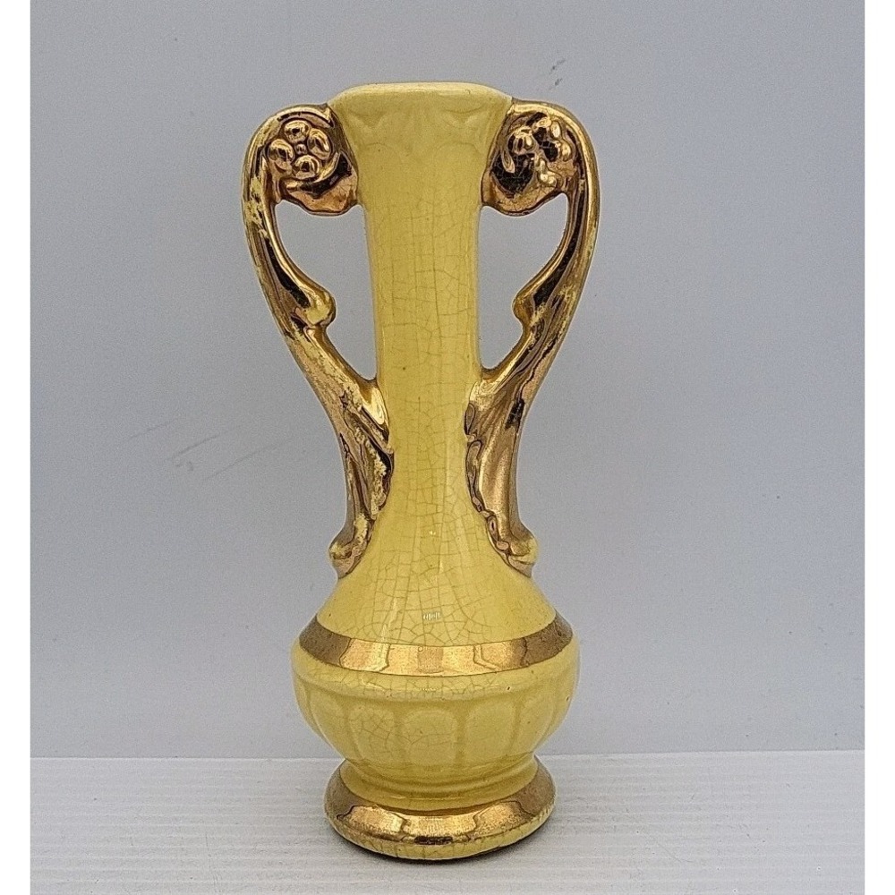 Vintage 1940s Chic Pottery Zanesville Ohio Spill Bud Vase Urn Yellow Gold